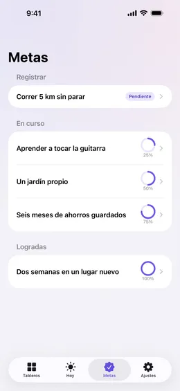 Metas en Wishframe, cada una con su área de vida