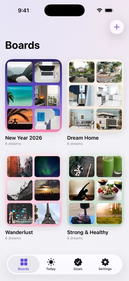 The Wishframe board library organized by life area