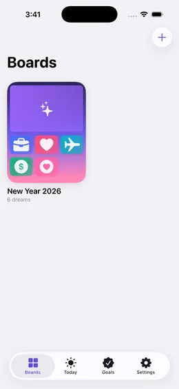 The Wishframe board library organized by life area